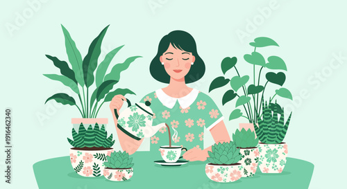 Woman tending to her indoor plants with care and enjoyment.