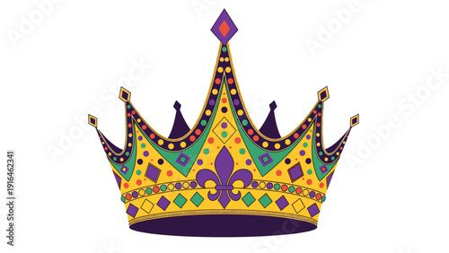 Detailed royal crown illustration featuring traditional Mardi Gras colors of purple green and gold with fleur-de-lis and gem accents.