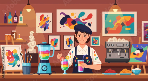 Artist making colorful drink in art studio vibrant and creative.