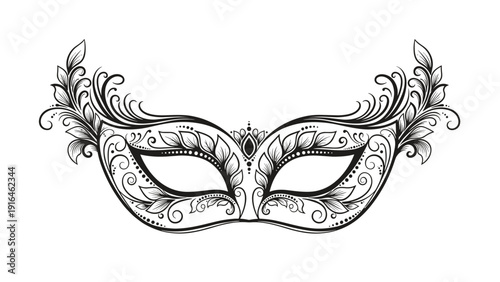 Elegant black and white line art of an ornate masquerade mask decorated with intricate leaf patterns and swirls for a mysterious look.