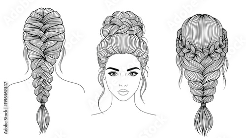 Three detailed sketches show different intricate hair styles including a long braid a high bun and a braided crown as viewed from multiple angles.