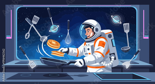 Astronaut Chef Cooking in Space with Kitchen Utensils.