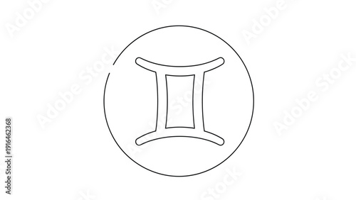 Minimalist black and white line drawing of the Gemini zodiac sign enclosed in a thin circle representing twins for astrology fans.