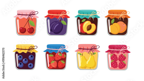 Selection of eight colorful glass jars filled with various fruit jams and preserves including strawberries blueberries and cherries.