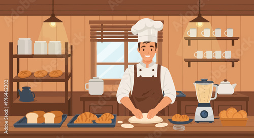 Baker Kneading Dough in a Cozy Bakery Setting.