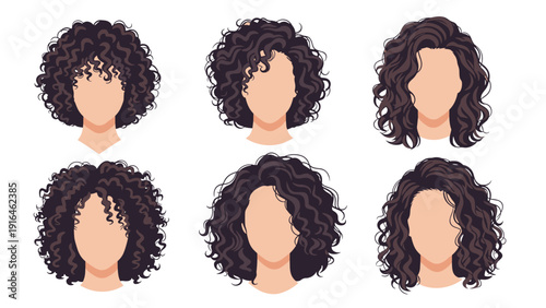 Collection of six beautiful women's curly hairstyles in various lengths and textures showcasing dark hair fashion for modern beauty.