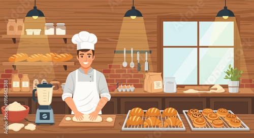Baker kneading dough in a bakery preparing bread.