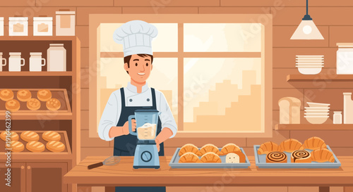 Baker preparing dough in bakery with fresh bread.