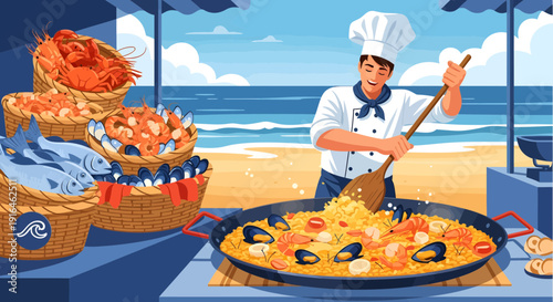 Chef cooking paella on the beach with fresh seafood.