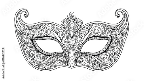 Highly detailed black and white line art illustration of a Venetian masquerade mask featuring intricate swirls, patterns, and elegant shapes.