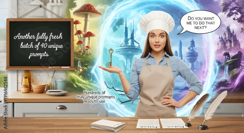 Chef in Kitchen with Fantasy Portal and Chalkboard.