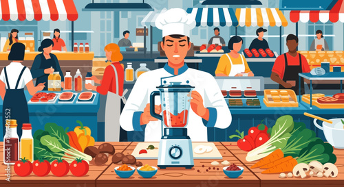 Chef Preparing Food at a Market Stall with Fresh Ingredients.