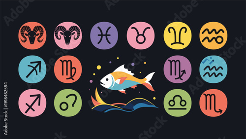 Decorative grid of fifteen colorful circular zodiac sign icons surrounding a central stylized fish leaping over waves in a celestial night sky theme.