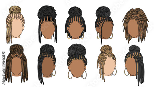 Detailed set of ten illustrations showcasing different African-inspired braided hairstyles including buns, locs, and long braids on diverse skin tones.