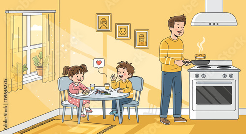 Family breakfast scene Father cooking children eating at table.