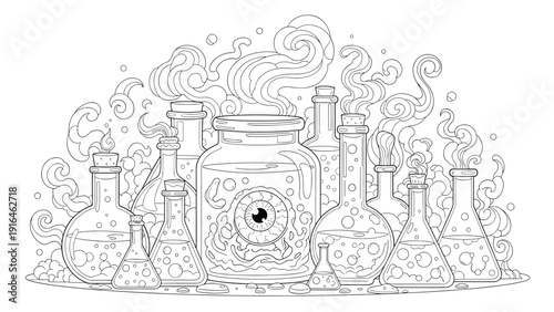 Intricate line drawing of a laboratory scene shows numerous glass beakers and flasks with swirling steam including one containing a mysterious eye.