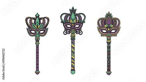 Three decorative mardi gras scepter masks on sticks are embellished with crowns feathers and intricate patterns in traditional festival colors.