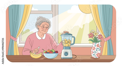 Elderly Woman Preparing Healthy Smoothie in Sunny Kitchen.