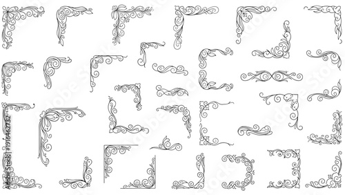 Wide variety of ornate black corner border designs offers numerous elegant filigree and swirl styles for decorating stationery or digital documents.