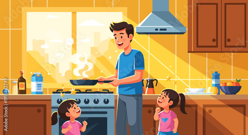 Father cooking with daughters in kitchen family time illustration.