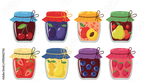 Array of eight colorful glass jars filled with different fruit jams and preserves features labels like cherry plum apple apricot and strawberry.