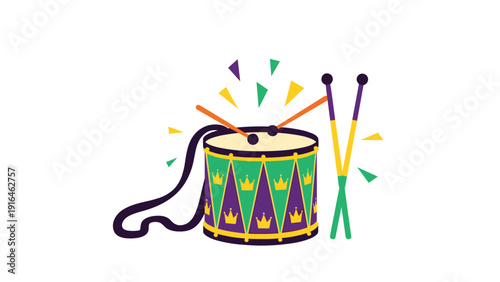 Brightly colored mardi gras drum with a carrying strap and drumsticks is decorated with purple and green crown motifs for carnival celebrations.