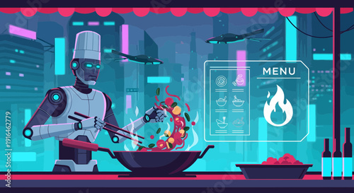 Futuristic Robot Chef Cooking in a Cyberpunk Restaurant.