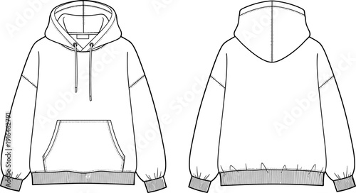 Blank Oversized Hoodie Technical Line Drawing Front and Back View, Minimal Pullover Sweatshirt Vector Template for Fashion Design Mockup