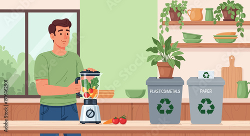 Man Making Smoothie with Blender in Kitchen with Recycling Bins.