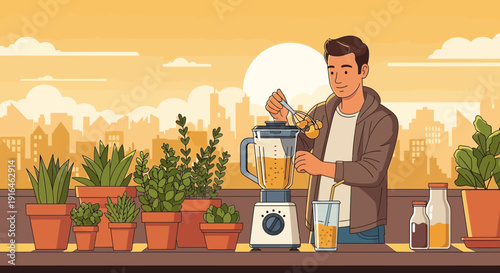 Man Making Smoothie with Blender on Rooftop Garden at Sunset.
