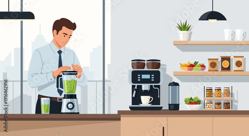 Man preparing a green smoothie in a modern kitchen.