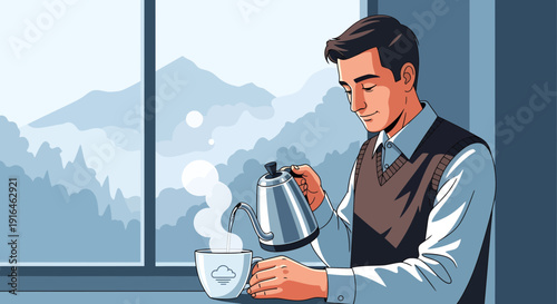 Man Pouring Hot Water into Cup by Window.