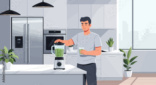 Man preparing a healthy green smoothie in a modern kitchen.