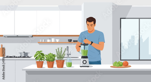 Man preparing a healthy smoothie in a modern kitchen.