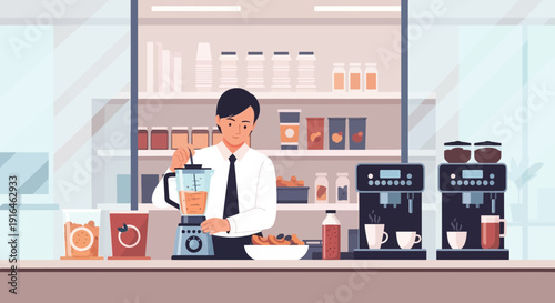 Man preparing smoothie at a counter with coffee machines.