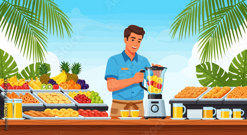 Man Preparing Fruit Smoothie at Tropical Juice Bar.