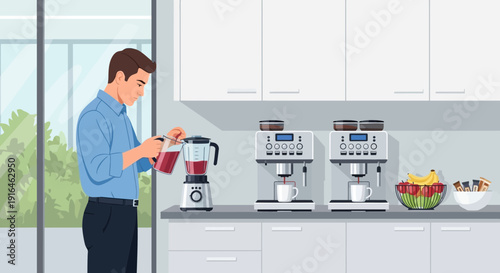Man preparing smoothie in modern kitchen with appliances.