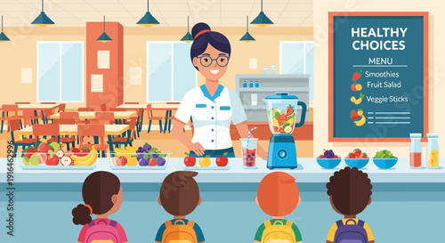 Nutritionist teaching children about healthy food choices in a school cafeteria.