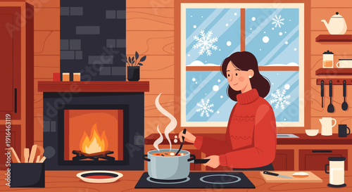 Woman Cooking by Fireplace in Winter Cabin Illustration.