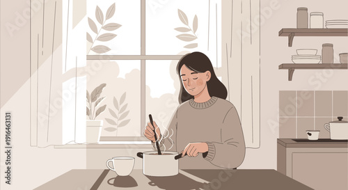 Woman Cooking in a Cozy Kitchen Illustration.
