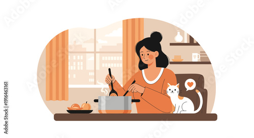 Woman cooking with cat in kitchen illustration.