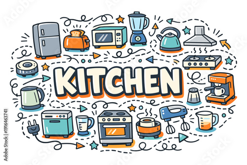 Colorful kitchen appliances and utensils doodle art illustration