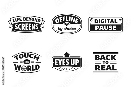 Digital detox emblems promoting offline living and mindfulness