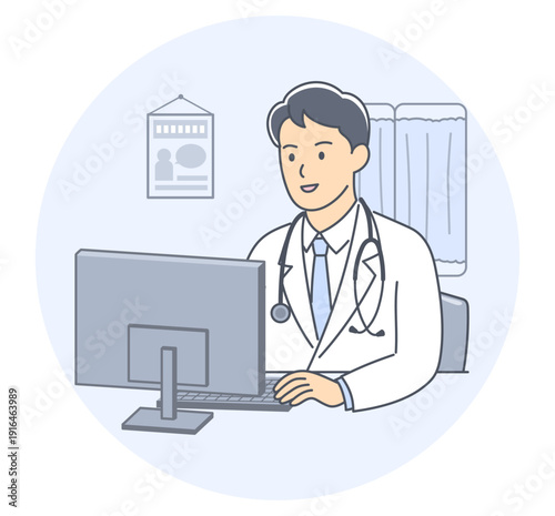 病院のパソコンの前でオンライン診療をする男性医師