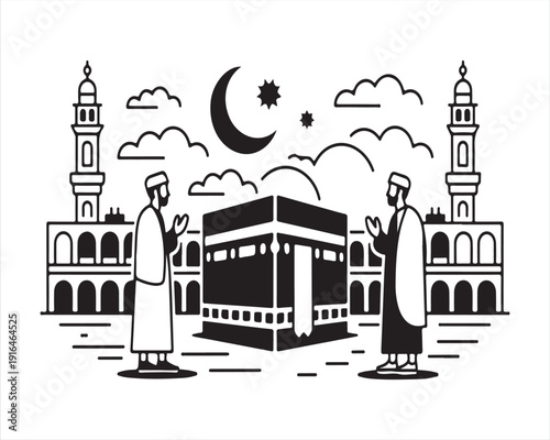 Kaaba and Grand Mosque Islamic Pilgrimage Line Art Illustration