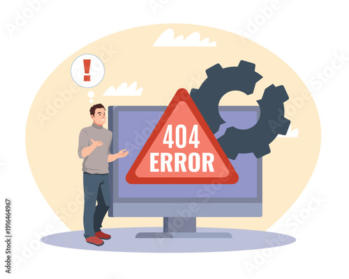 Web page error notification. Inability to load online site, breaking connection, network search, desktop screen shows 404 warning triangle, technical support vector cartoon isolated concept