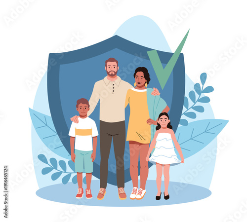 Social security. State allowance, family budget, parents with children under shield, protection and support, insurance symbol as safety, care, risk management, vector cartoon concept