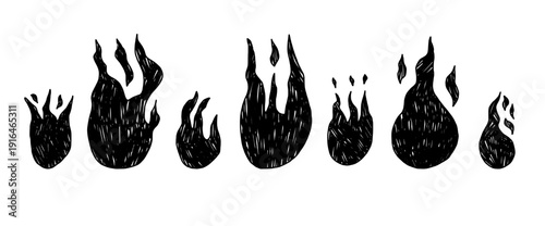 Sketchy campfire illustrations with crayon or charcoal effects. Collection of rough-textured blazing elements. Great for retro designs, punk aesthetics. Vector linocut fire flames no backgrounds.
