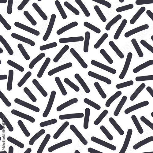 Small dash scrawl monochrome seamless pattern. Black and white scribble sprinkles background. Simple confetti repeated wallpaper. Short lines vector surface design. Spots illustration print design.