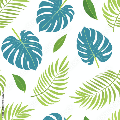 Vibrant tropical leaves pattern with blue and green hues.